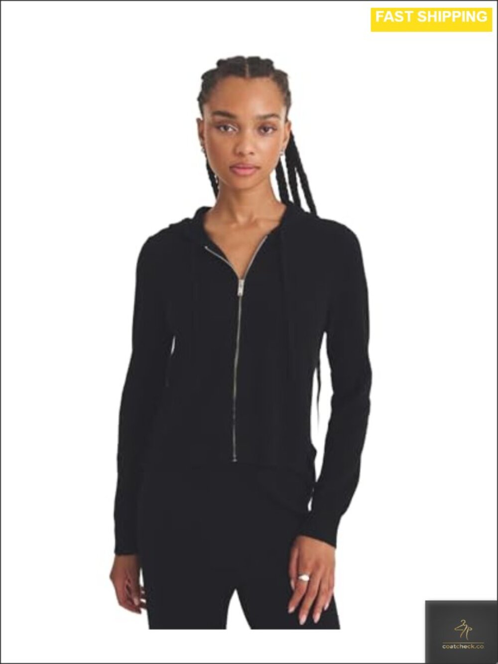 100% Cashmere Cropped Zip Up Hoodie Drawstring Hood Ribbed Trim